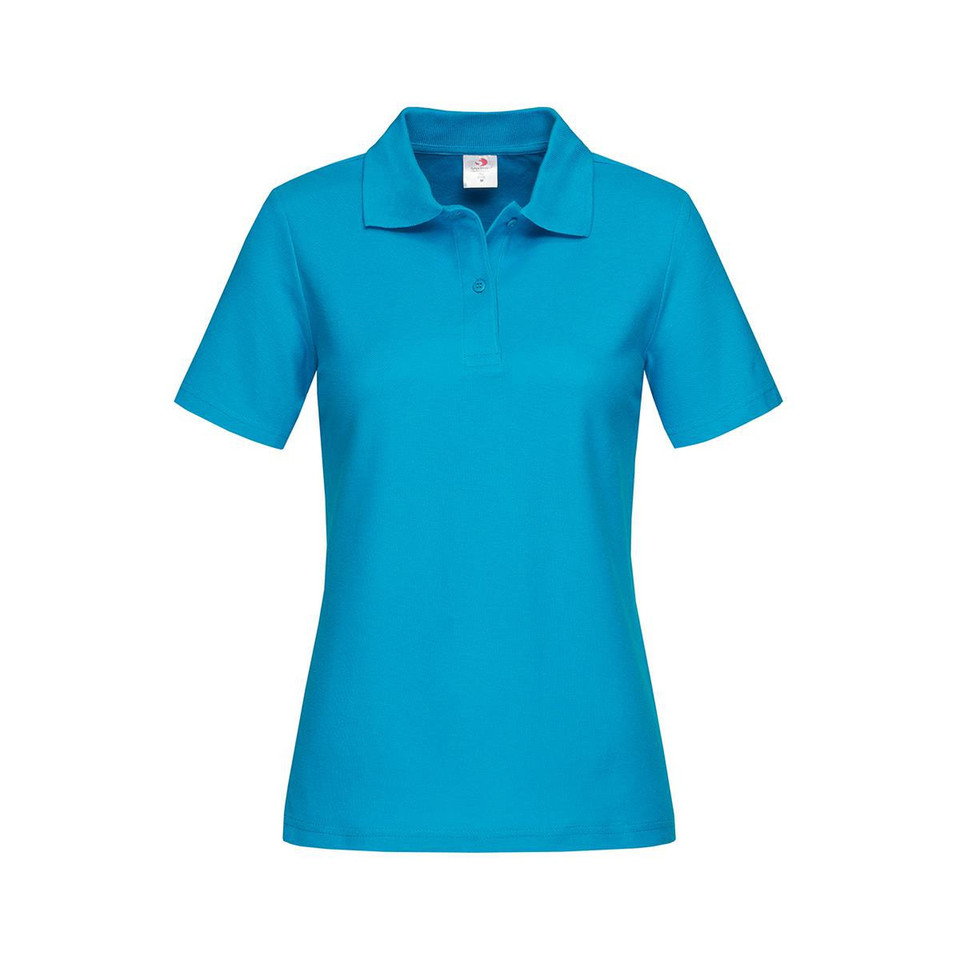 Women's cyan blue short sleeve polo with flat knit collar and two-button placket