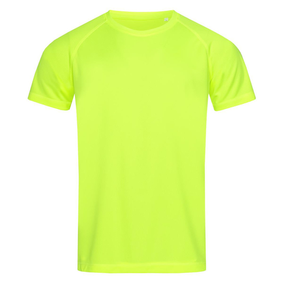 Fluorescent yellow men's raglan crew neck active tee with smooth flat front panel and subtle sleeve seaming
