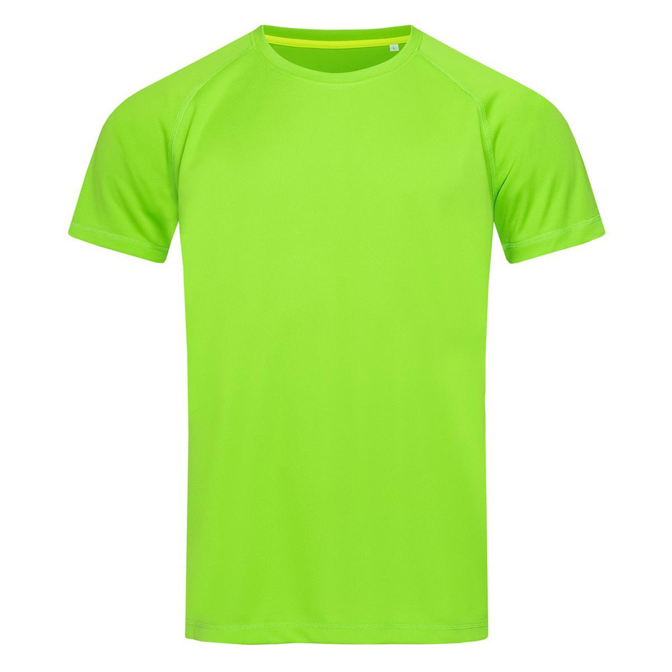 Lime green men's raglan sleeve active tee with crew neck and smooth flat front panel