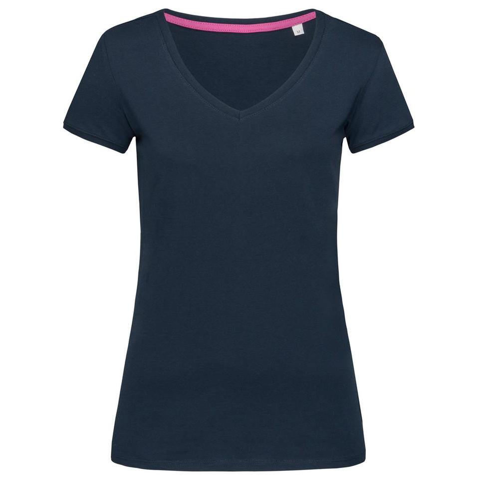 Navy blue women's fitted cotton V-neck tee with pink inner collar detail, short sleeves, flat front panel