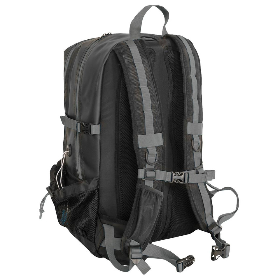 Rear view of charcoal 26L backpack showing padded mesh back panel, grey adjustable shoulder straps and sternum clip