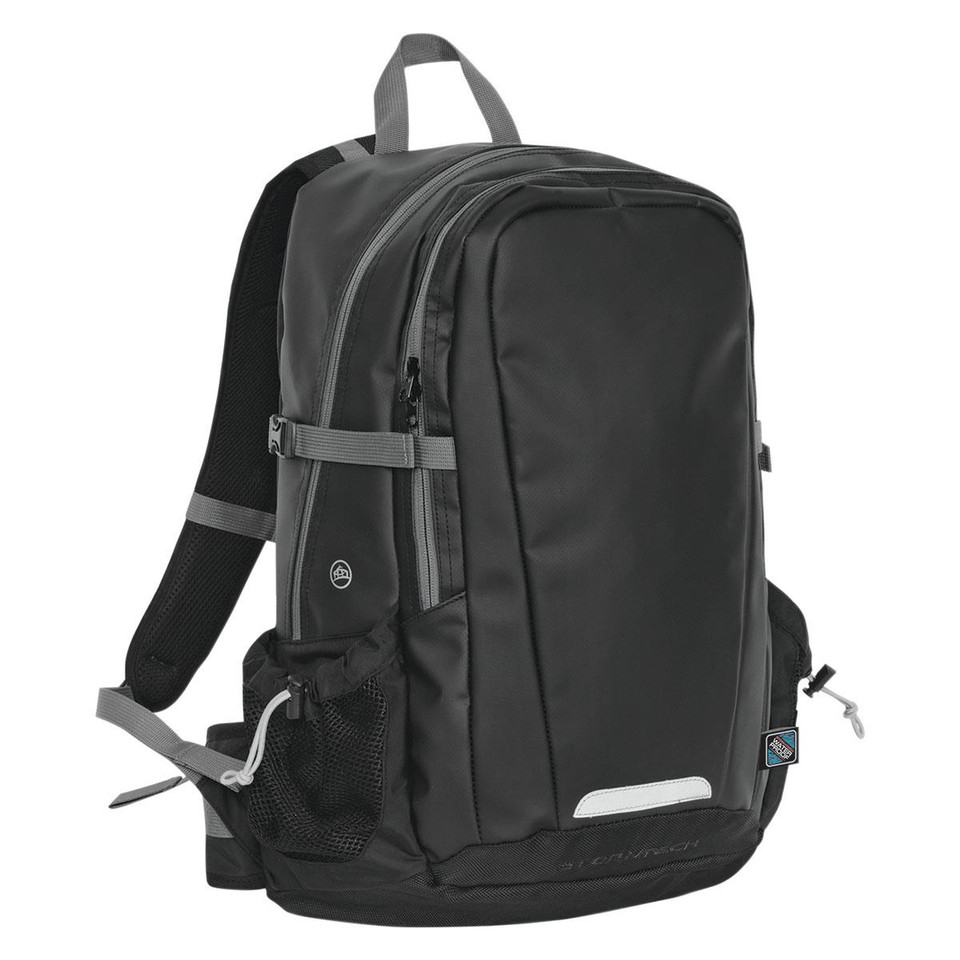 Stormtech 26L black backpack with charcoal zip trim, mesh side pocket, reflective strip and padded straps