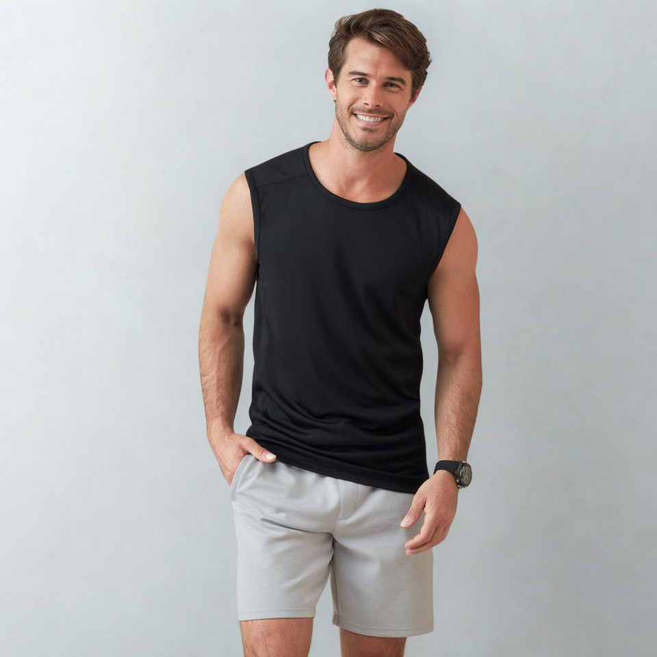 Man wearing a black sleeveless muscle tee with round neckline and smooth fabric panel front