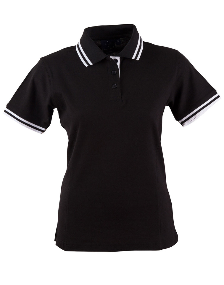 Black polo shirt with white contrast tipping on collar and sleeves