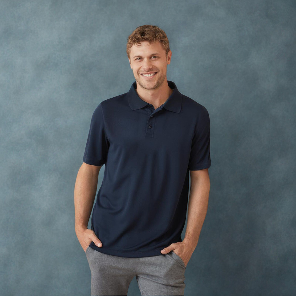 Man wearing a navy blue short-sleeve polo shirt with ribbed collar and three-button placket