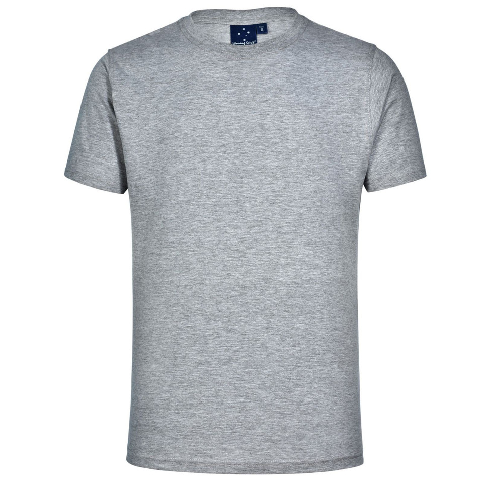 Grey marle cotton crew neck t-shirt with short sleeves and smooth flat front panel