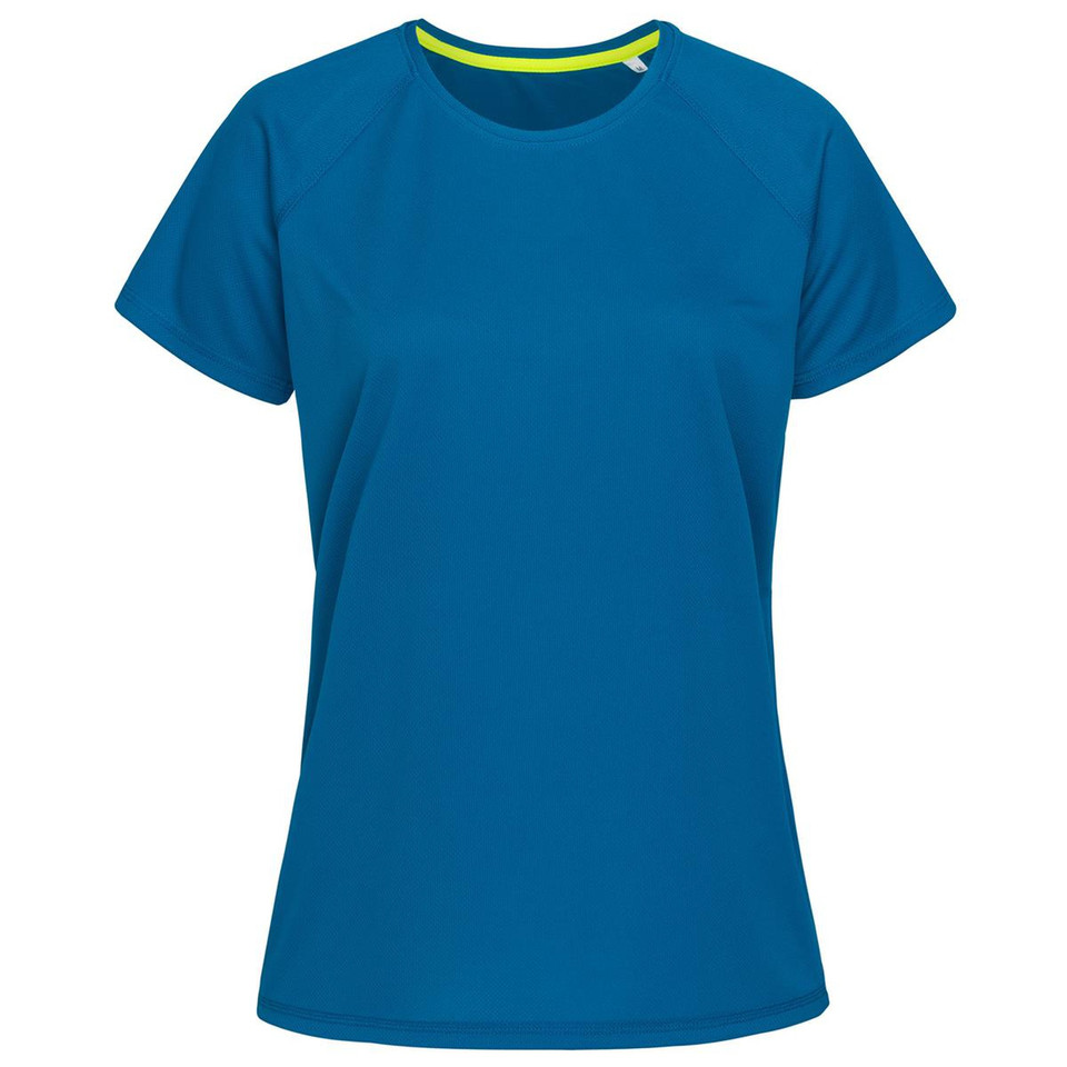 Women's teal raglan performance tee with crew neck, neon yellow neck tape and smooth front panel
