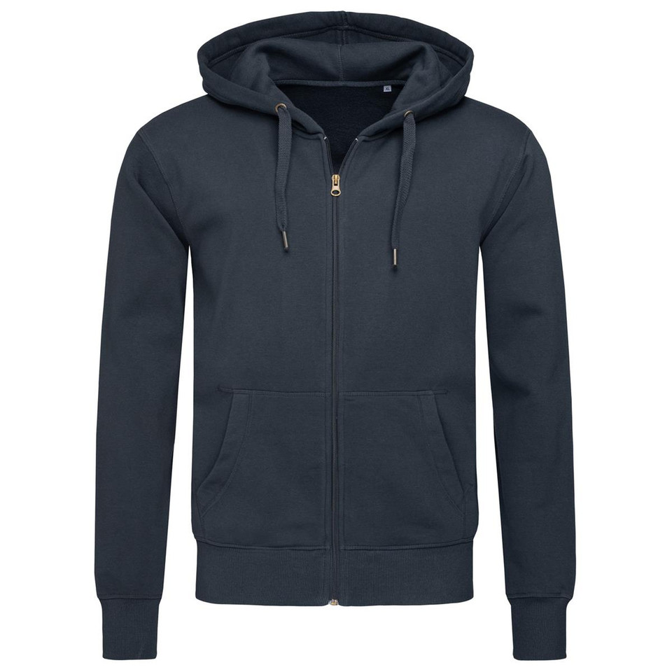 Navy full-zip hoodie jacket with gold metal zipper, drawstring hood, kangaroo pockets and ribbed cuffs