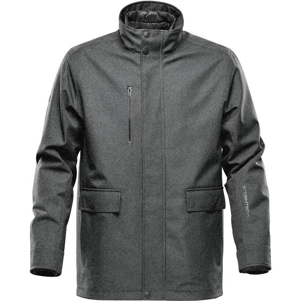 Charcoal heather Stormtech men's system jacket with stand collar, zip chest pocket and lower flap pockets
