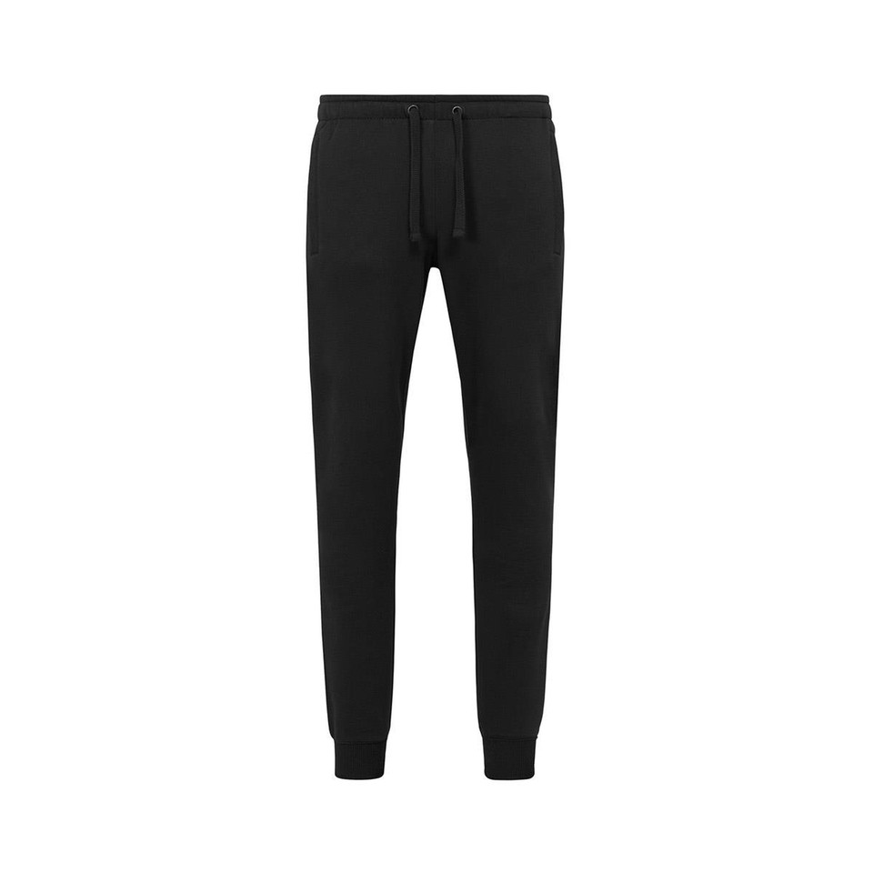 Black recycled unisex sweatpants with drawstring waist and ribbed cuffs, slim tapered leg, flat lay
