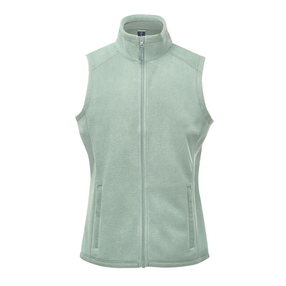 Sage green women's recycled fleece vest with full-length zip, stand collar, and zippered side pockets