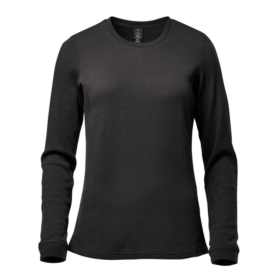 Black women's long sleeve waffle knit top with crew neck and ribbed texture throughout