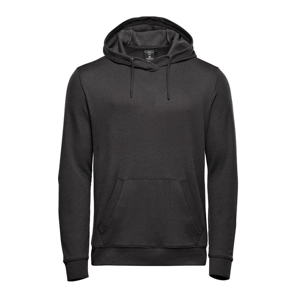 Charcoal men's pullover hoodie with kangaroo pocket, drawstring hood and ribbed cuffs — flat lay packshot