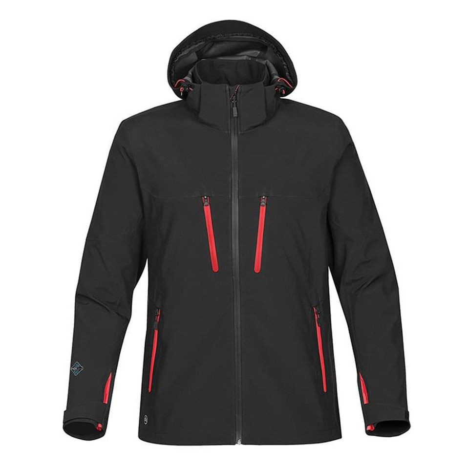 Black Stormtech softshell jacket with attached hood, full zip and scarlet red contrast zip pocket pulls