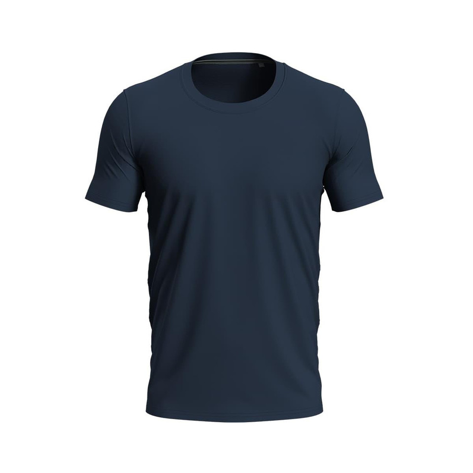 Navy blue men's crew neck t-shirt with smooth stretch fabric and clean flat front panel
