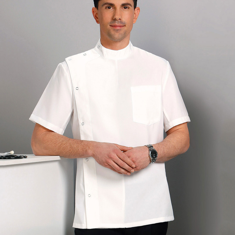 White DOC men's short-sleeve lab coat for medical and health care uniforms, featuring stud button front closure and made from 100% polyester.