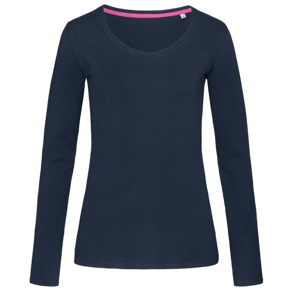 Navy blue women's long sleeve V-neck tee with pink contrast inner collar detail, fitted stretch silhouette