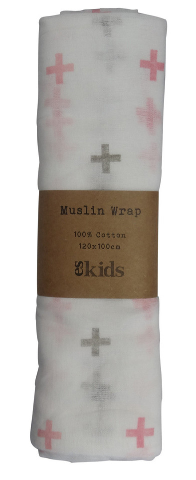 Buy Baby Muslin Cloth | Pink + Grey Cross
