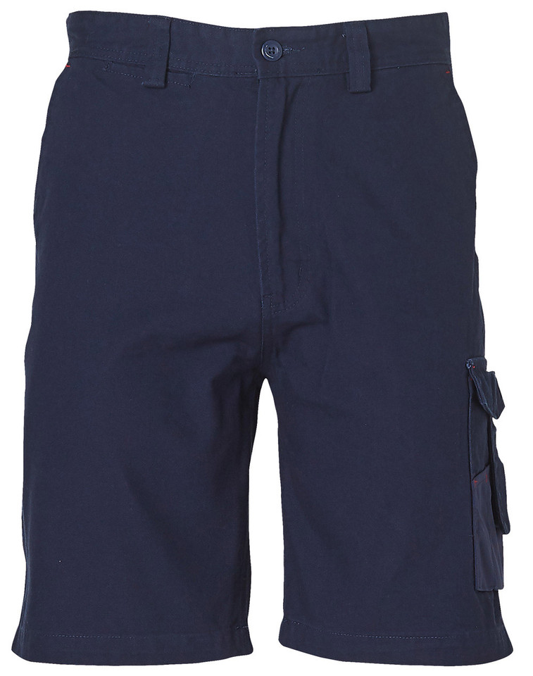 Navy cotton canvas cargo shorts with multiple pockets and button closure on white background