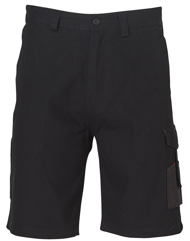 Black cotton canvas cargo shorts with side cargo pocket and button waist closure