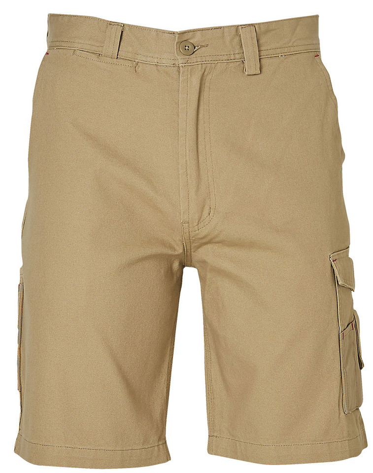 Khaki cargo shorts with leg pocket and button-tab waistband closure