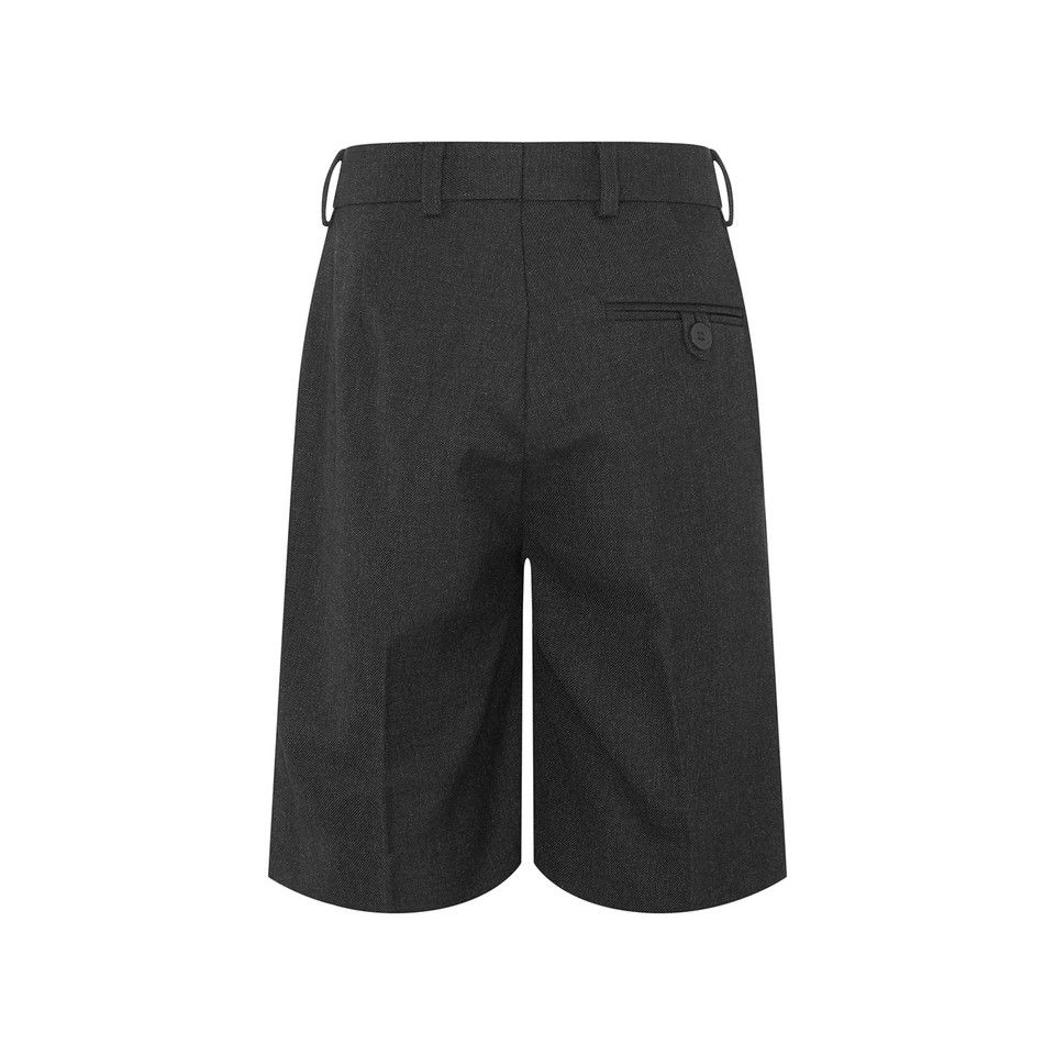 Charcoal grey tailored school shorts rear view showing single pleat, belt loops and button welt back pocket