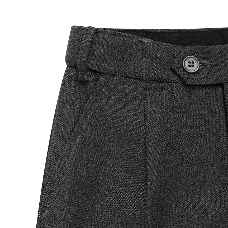 Charcoal grey single pleat formal shorts with button waistband fastening and clean front panel construction