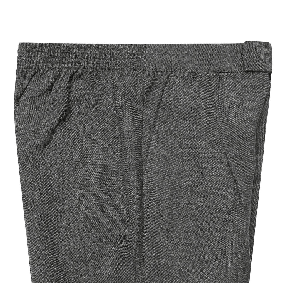 Charcoal grey formal shorts flat lay showing elasticised waistband, front pleat and angled side pocket