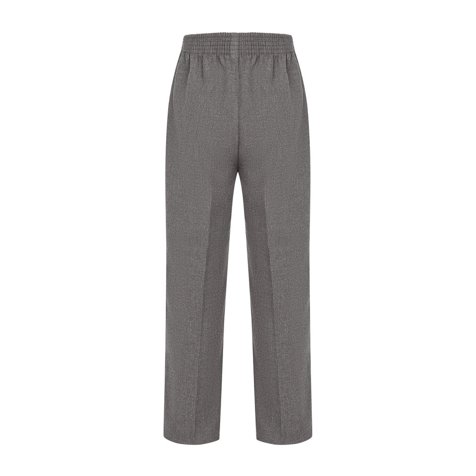 Mid grey kids school trousers with elasticated waistband, straight leg cut, flat front packshot