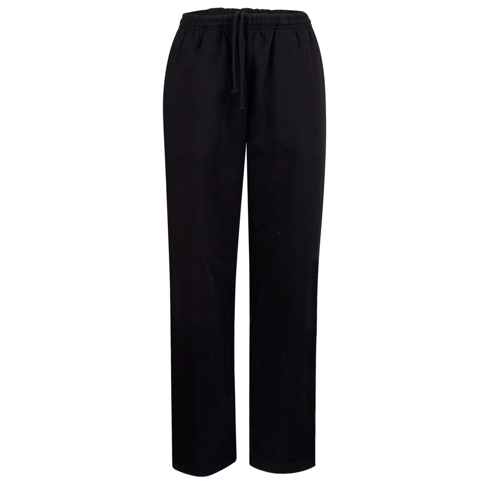 Black unisex track pants with elastic waistband and drawstring in straight leg style
