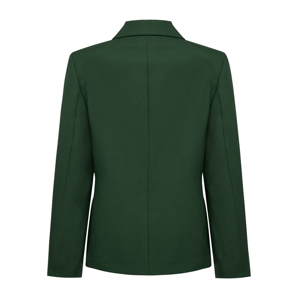 Rear view of a bottle green kids formal blazer with notched collar and centre back seam