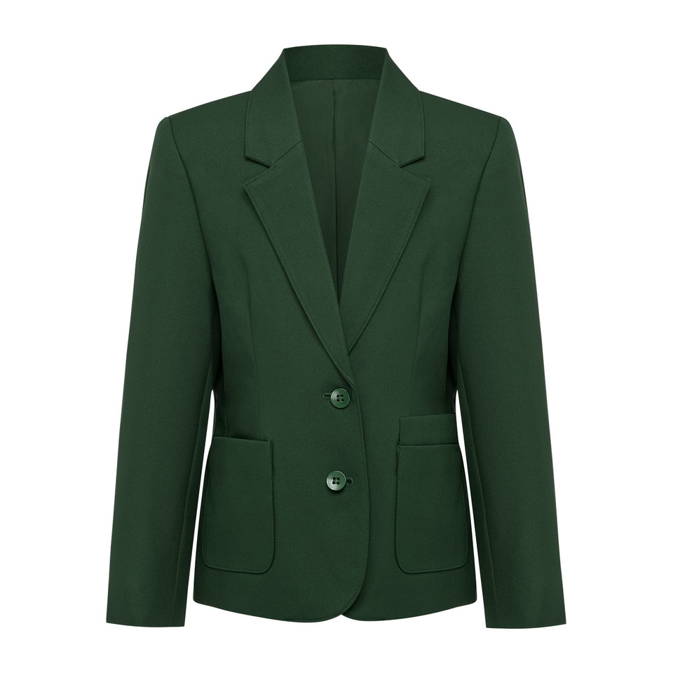 Forest green girls school blazer with notch lapel, two-button front and patch pockets