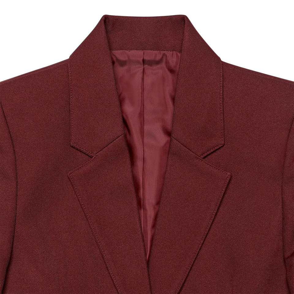 Burgundy girls school blazer with sharp peak lapels and matching satin lining, Teflon coated woven fabric