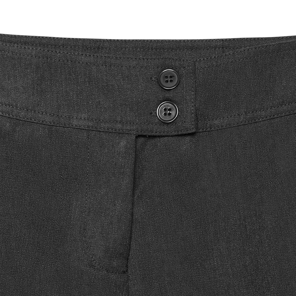 Close-up of charcoal grey girls school trousers showing double button waistband and smooth woven fabric