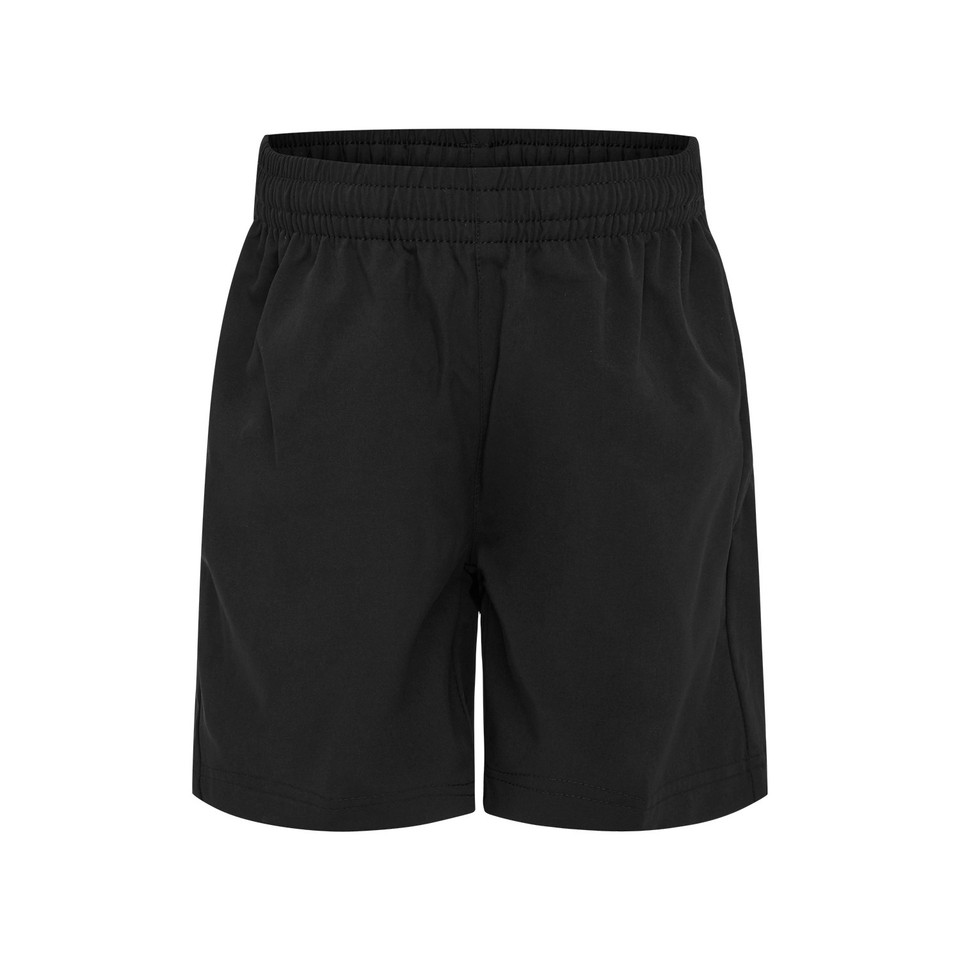 Black microfibre shorts with elasticated waistband and side pockets, flat lay packshot