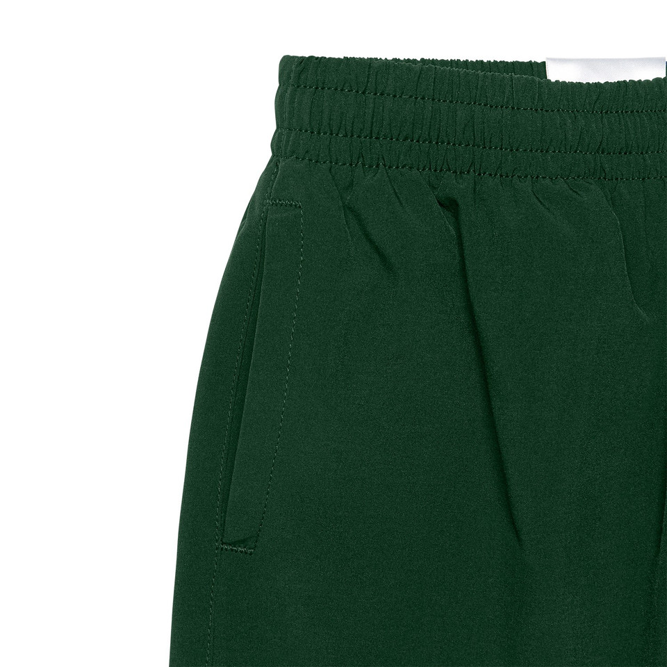 Bottle green microfibre shorts with elasticated waistband, drawstring, and side pocket detail