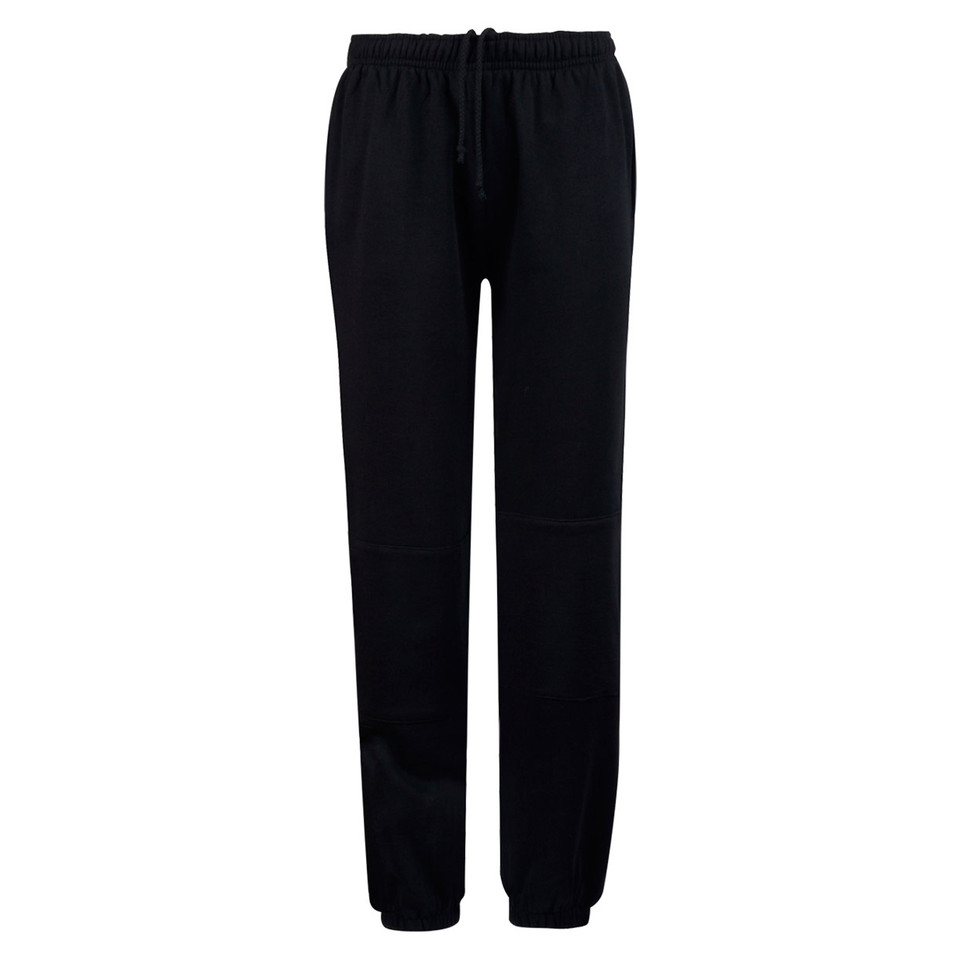 Black fleece track pants with elasticated waist, cuffed ankles and padded knee panels