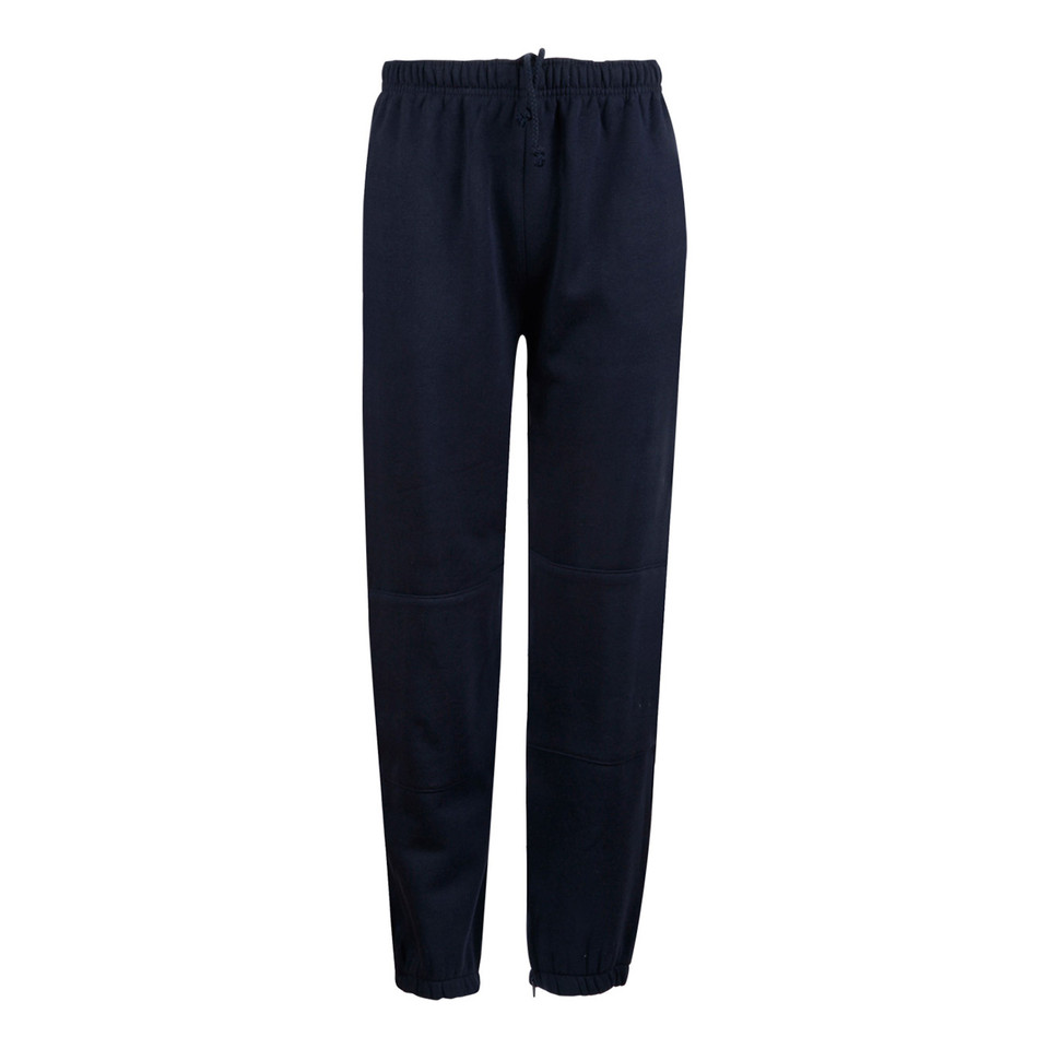 Navy fleece track pants with elastic waist, ankle cuffs, and padded knee panels