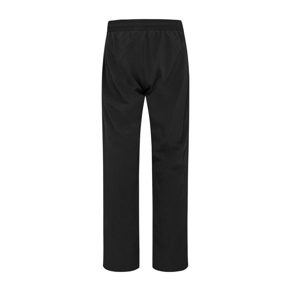 Black 4-way stretch trackpants with elasticated waistband, straight leg cut, flat back packshot