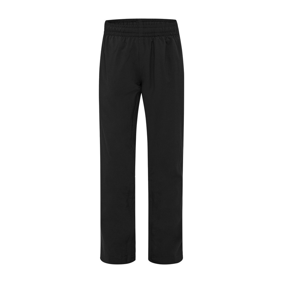 Black 4-way stretch trackpants with elasticated waistband and straight-leg cut, flat lay