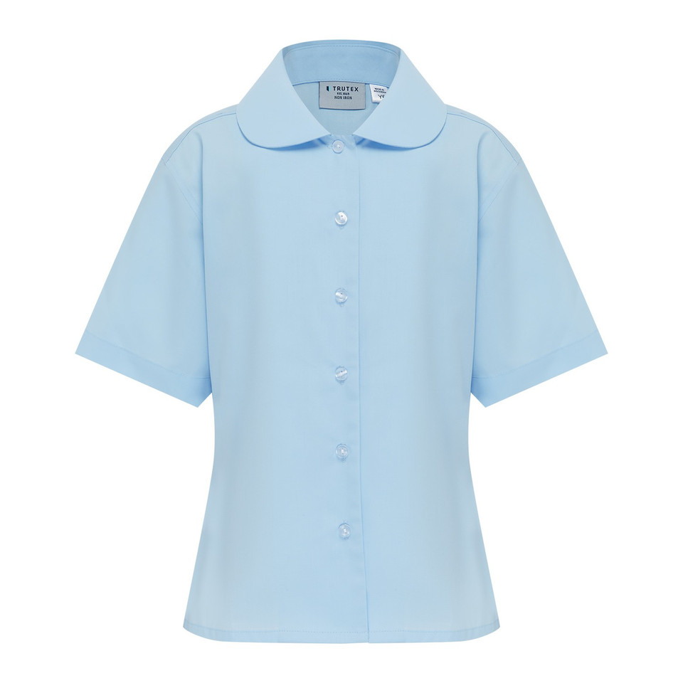 Sky blue girls school blouse with rounded Peter Pan collar, short sleeves, and button-through front placket
