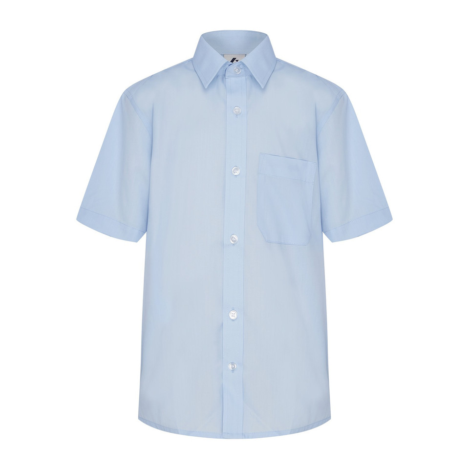 Light blue short sleeve formal shirt with point collar, button placket and left chest pocket