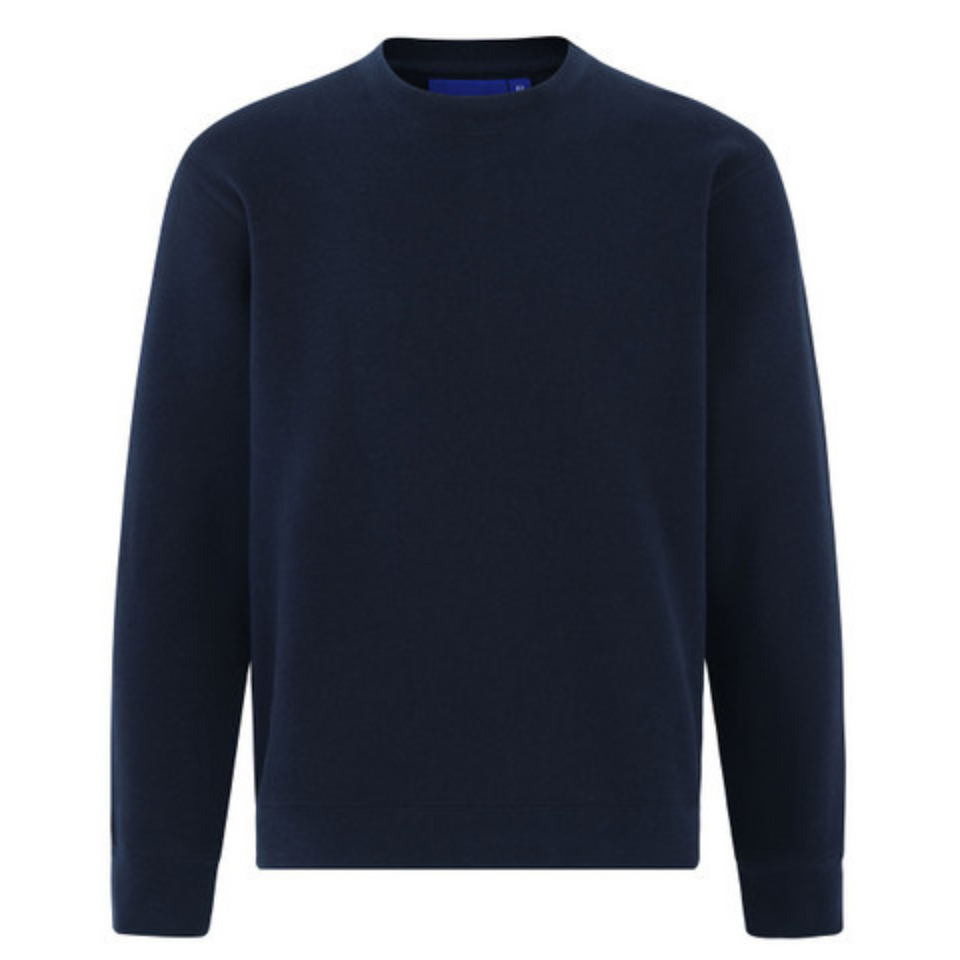 Plain EAGLE cotton-rich sloppy joe sweater (pullover) in navy, featuring a crew neck and brushed fleece interior, ideal for customization or casual wear.