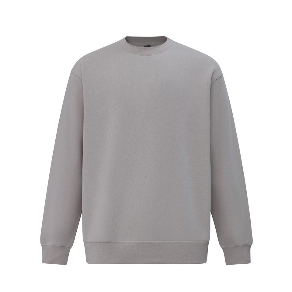 Light grey cotton-rich crew neck sweatshirt with ribbed cuffs and hem featuring a smooth flat front panel for decoration