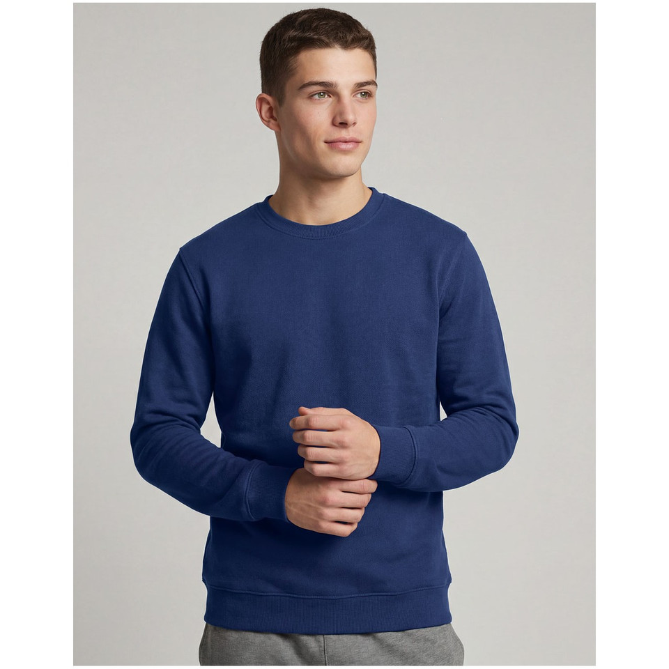 Navy blue crew neck sweatshirt with ribbed cuffs and hem on male model