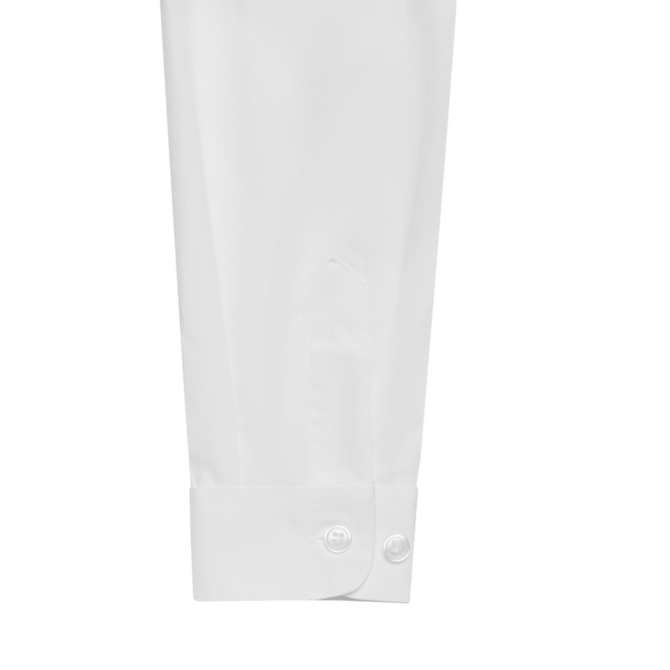 Close-up of white long sleeve blouse cuff with double-button fastening and smooth wrinkle-resistant fabric