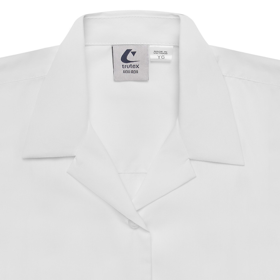 White long sleeve blouse with open revere collar and hidden placket, flat lay packshot