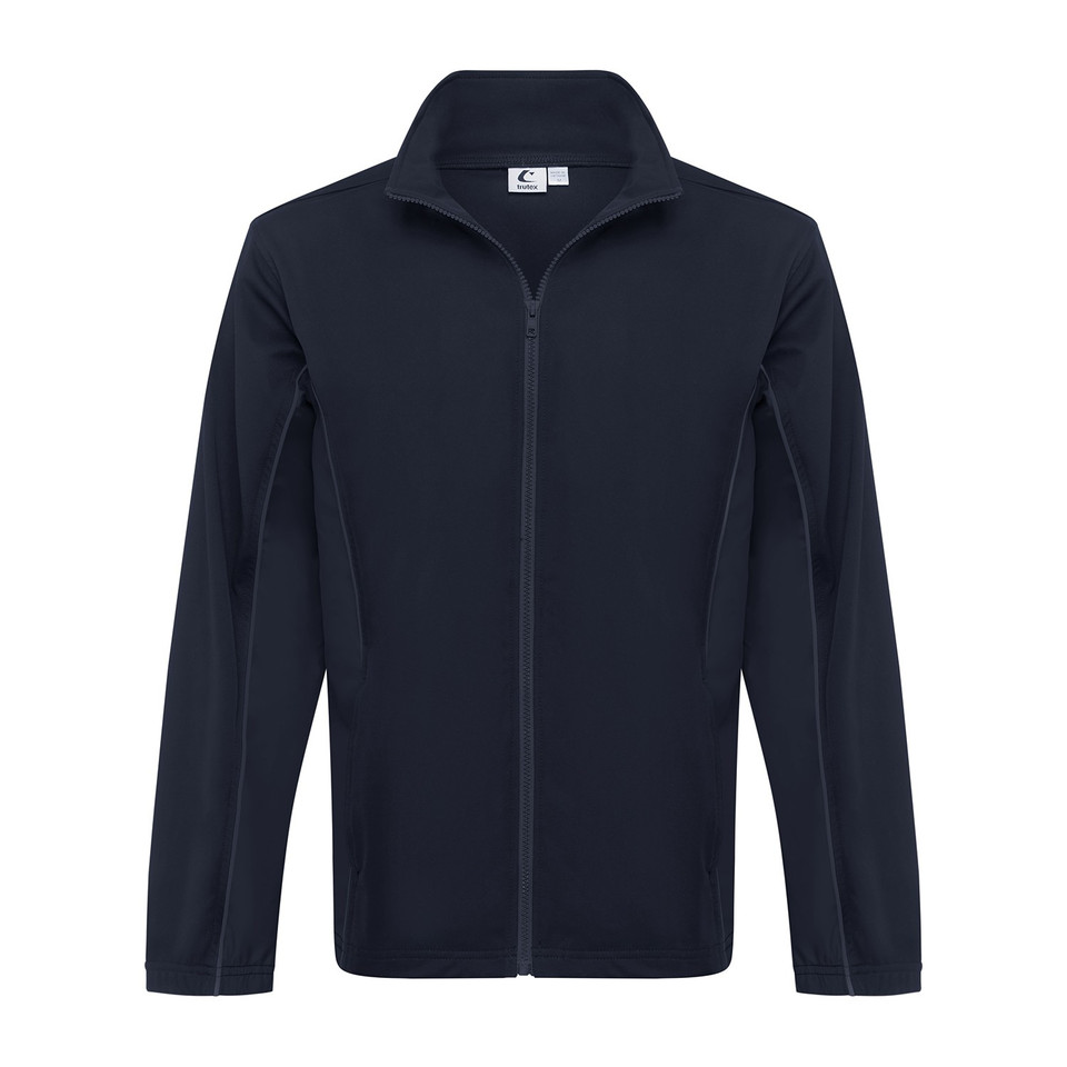 Navy full-zip softshell stretch jacket with stand collar and contrast side panels, flat lay