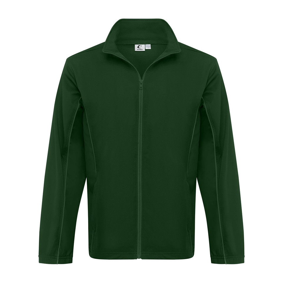Bottle green full-zip softshell stretch jacket with stand collar and contrast side panels