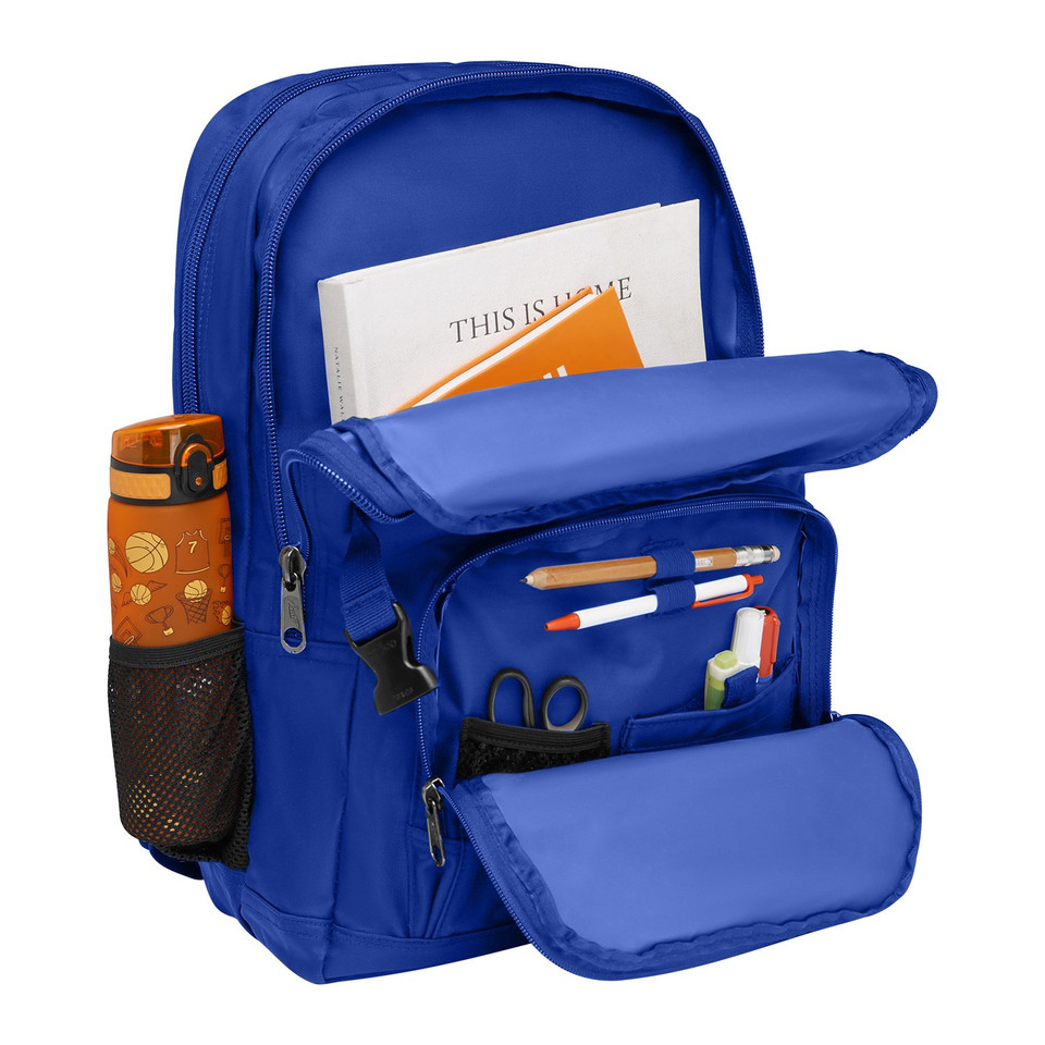 Royal blue nylon backpack open showing main compartment with books, front organiser pocket with stationery, and mesh side bottle holder